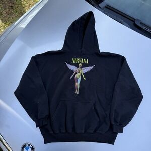 Nirvana In Utero Album Cover Black Graphic Hoodie Womens Medium Gildan